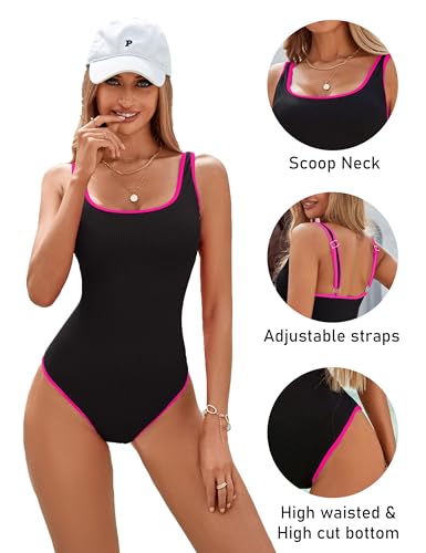 Image of BMJL Women's One Piece Swimsuit Sports Adjustable Strap Bathing Suit Color Block Ribbed High Cut Swimsuits