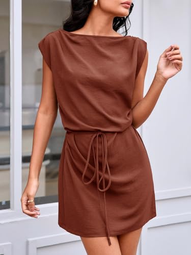 Image of Wenrine Womens 2026 Summer Mini Dress Casual Sleeveless Tie Waist Loose Ruched Beach Vacation Short Sundresses