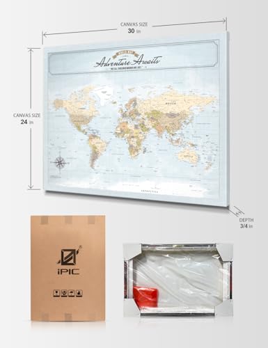 Image of IPIC - Canvas World Maps for Wall Decor, Push Pin Map Decor to Mark Travels, Large World Travel Map Print for Home, Office, Study, and RV, Ready to Hang