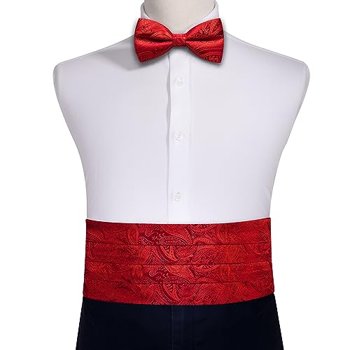 Image of Barry.Wang Men Silk Paisley Cummerbund and Pre-tied Bowtie Handkerchief Cufflink Set for Tuxedo