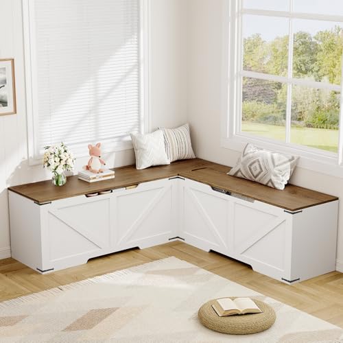 Comparison: Best L Kitchen Layout 6 HOOBRO L Shape Kitchen Breakfast Nook Bench, Farmhouse Storage Bench, Toy Box with 3 Compartments, Corner Storage Chest, for Dining Room, Living Room, Cloakroom, White and Walnut WH160CW01