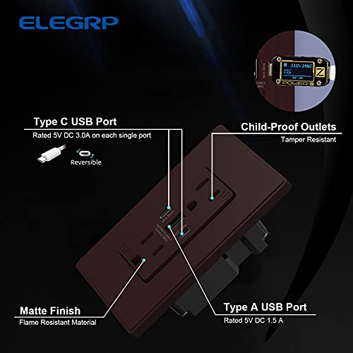 Image of ELEGRP USB Outlets, 30W 6.0 Amp USB C Outlets Receptacles, 3-Port USB Wall Outlet, 15 Amp Tamper-Resistant Outlet with 2 USB C Ports, UL Listed, Screwless Wall Plate Included, 2 Pack, Matte Brown