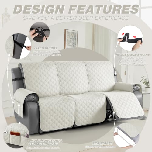 Image of TAOCOCO 100% Waterproof Recliner Covers With Leg Straps, Reversible Recliner Couch Cover For Reclining Chair, Washable Couch Protector For Pets Kids (3 Seater, Off White)