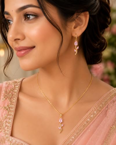 Image of H&K Jewels Elegant Pink Tulip Jewelry Set | 18k Gold Plated Necklace, Dangle Earrings & Bracelet | Gift for Wife, Girlfriend & Women|Anniversary, Party & Bridal Gift|Jewelry for Weddings & Special Occasions