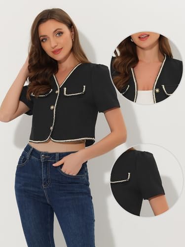 Allegra K Tweed Jacket for Women's Cropped Collarless Contrast Trim Short Sleeve Blazer2