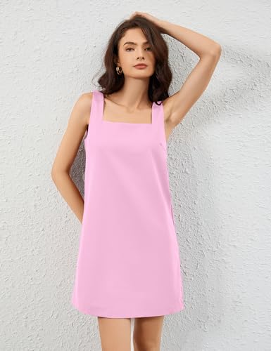 Image of Summer Linen Mini Dress for Women Sleeveless Square Neck Tank Shift Dresses Causal Backless Solid Short Sundress