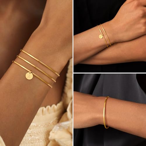 Initial Gold Bracelets for Women 18K Gold Plated A-Z Initial Bangle Bracelets for Women Set Stackable Thin Round Bangle Bracelet Dainty Non Tarnish Dainty Cute Initial Stainless Steel Bracelet Teen Trendy Gifts Jewelry2