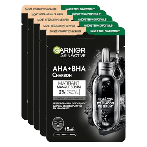 Garnier Skin Active Mascarilla Facial Pure Charcoal de Tejido Matificante Detox Purifica e Hidrata con Té Negro LHA y Ácido Hialurónico - 5 Mascarillas Desechables