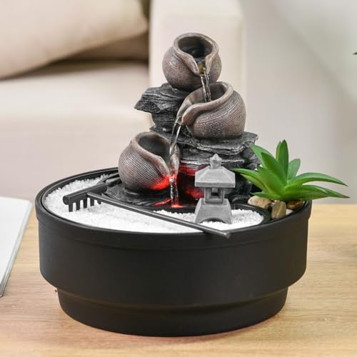 Zimmerbrunnen für den Garten, Zen, Wasserfall, Glas, buntes LED-Licht, Dekoration für entspannte Atmosphäre, Garten, Zen weißer Sand, Tischbrunnen, geschlossener Kreislauf, H21 cm – Oasis Zen'Light