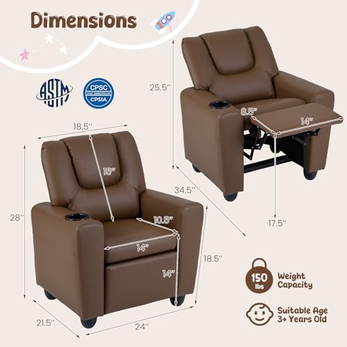Image of HONEY JOY Kids Recliner, 2-in-1 Toddler Armrest Sofa Couch with Cup Holders, Adjustable Footrest, PU Leather, Child-Size Recliner Chair for Boys Girls Age 3+ (Brown)