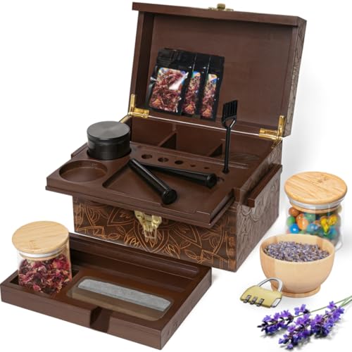 Stash Box Bamboo Storage Box with Combination Lock – Wooden Organizer Box with Removable Tray, Glass Jars & Accessories, Decorative Lockable Bamboo Box with Lid,Home Kitchen Pantry Stashbox Dark Brown