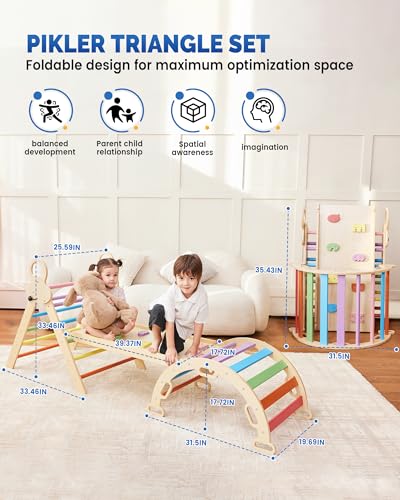 Pikler Triangle Set for Kids, 8 in 1 Colorful Montessori Large Climbing Toys for Toddlers 1-6 Inside with Ramp, Arch and Foldable Triangle, Wooden Child Indoor Playground - Image 4