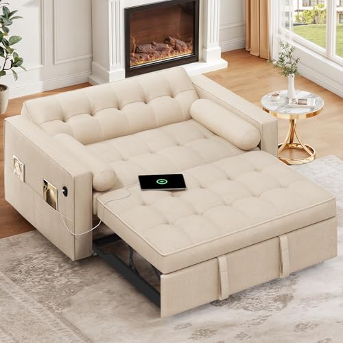 DWVO Sleeper Sofa Bed 3-in-1 Convertible Couch with Pullout Bed, Reclining Backrest, USB, Storage Pockets – Modern Space Lounge Furniture for Living Room, Includes Toss Pillows,Beige