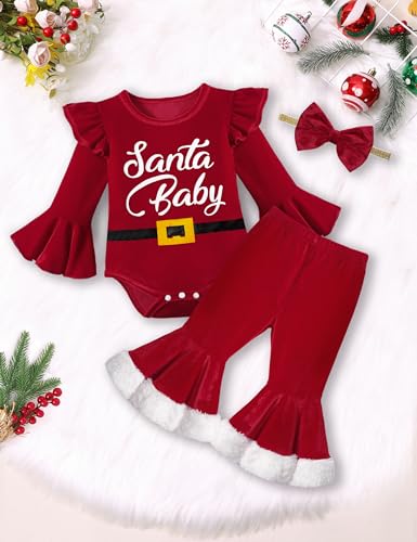 Baby Girl Christmas Outfit My First Christmas Ruffle Sleeve Santa Baby Romper + Velvet Bell Bottoms + Headband 3Pcs4