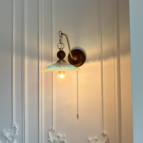 Aplique de pared moderno E14 para lámpara de noche con pantalla iridiscente y base de madera 8