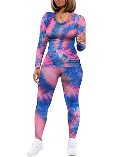 Two Piece Outfits for Women Long Sleeve Tie Dye Workout Sets Sexy M