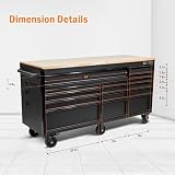 Olympia Tools 72 inch Heavy Duty Mobile Tool Chest Tool Box, with Solid Wood Top Workbench, 15-Drawer Rolling Tool Chest, Tool Storage Organizer for Garage, Workshop, and Home, Black