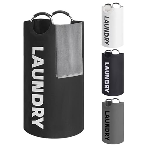 90L Large Laundry Basket, Collapsible Laundry Bag, Foldable Washing Basket with Padded Handles Stands Up Well for Easy Storage (Black)