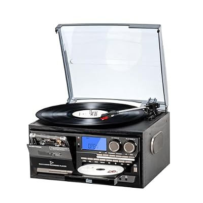 9-in-1 Vintage Bluetooth Record Player for Home Entertainment, 3-Speed Turntable with AM/FM Radio, CD & Cassette, USB/SD/MMC Input, Built-in Stereo Speakers, Remote Control, Aux in & RCA Line Out