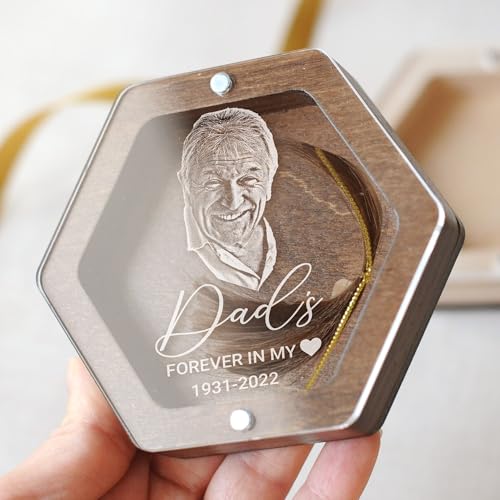 Image of Personalized Keepsake Box for Bereavement Gift, Lock of Hair Memorial, Sympathy Gift for Loss of Mother, Grandmother, Dad, Daughter, Son, Mom, Clear Lid, Engraving, Gift Box (Dark Wood with Portrait)