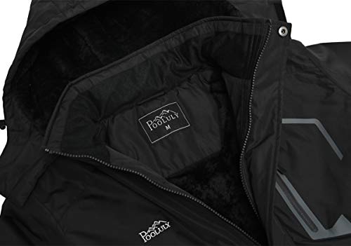 Pooluly Women's Ski Jacket Warm Winter Waterproof Windbreaker Hooded Raincoat Snowboarding Jackets Black-L