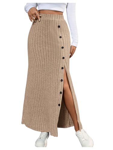 MakeMeChic Women's Split Hem Elastic High Waisted Button Long Skirt Ribbed Knit Maxi Skirts