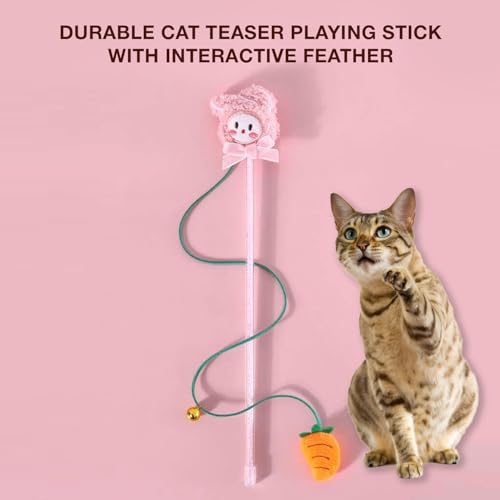 Image of Cat and Dog Playing Stick |Durable Dog and cat Teaser Playing Stick with Interactive Feather| Non- Slip and Non Toxic Durable Teasing Wand Toy with Rope (Pink)