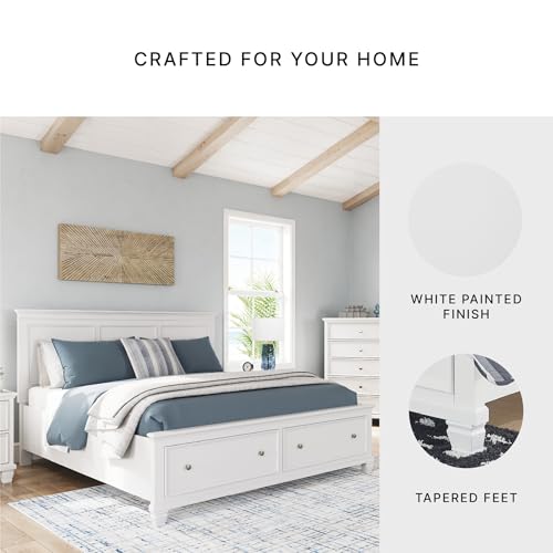 Image of Signature Design by Ashley California King Bed Frame with Storage, White | Hardwood solids and MDF, 2 footboard drawers, Roll slats included, White painted finish, Fortman Series
