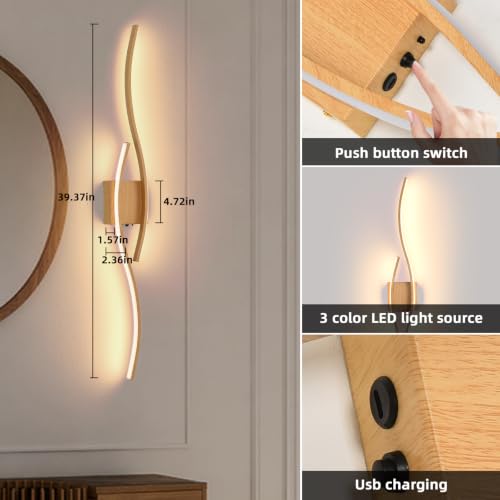 Image of Battery Powered Wall Sconces Set of 2, Wood 39.4 inch LED Dimmable Wall Sconce with Remote Control /Timer /Memory, USB Rechargeable Wall Lights for Living Room Bedroom Hallway