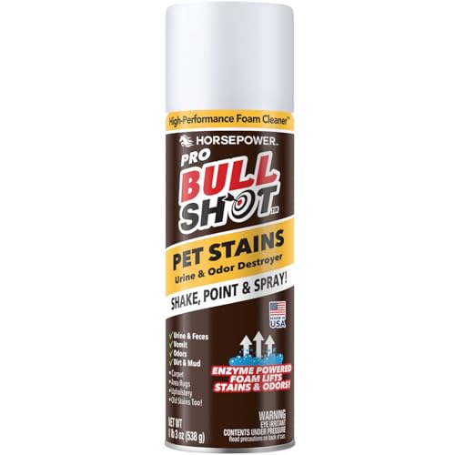 Bull Shot Pet Pro Stain Remover, AS SEEN ON TV, Urine & Odor Emulsifier, Enzyme-Powered Professional Strength Foam for Urine, Feces, Vomit, Odors, Dirt On Carpet, Area Rugs, Upholstery, Old Stains