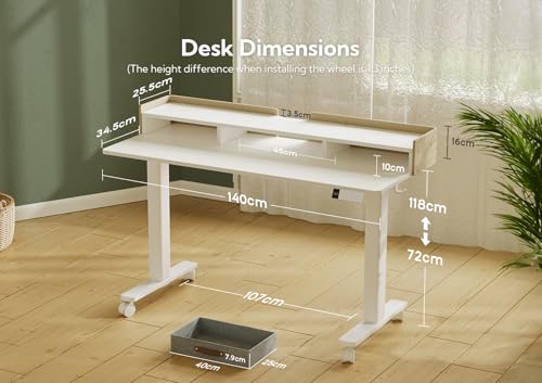 Image of Claiks Standing Desk with Drawers & Wheels, 2 Height Shelf 55inch White