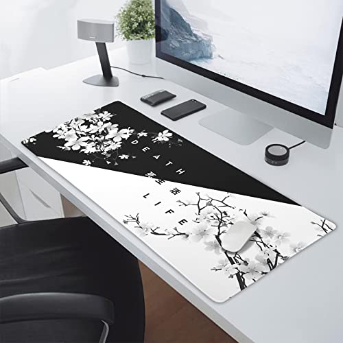 Image of Black White Cherry Blossom Mouse Pad Japanese Sakura Death Life Extended Desk Mat 90X40 CM Non-Slip Rubber Base Stitched Edge Large xxl Playmat for Gaming Laptop Computer Office Desktop,35.4x15.7 Inch
