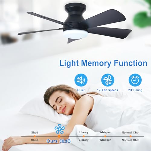Image of Depuley 35-Inch Ceiling Fans with Lights: Indoor /Outdoor Flush Mount Ceiling Fan with Remote Control - Black 5 Blade Low Profile Fandelier for Kitchen Gazebo - Reversible Quiet Timer - 2 Packs