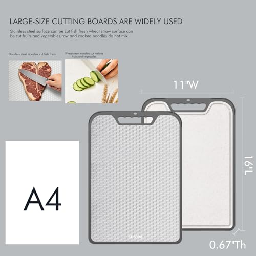 Tabla de Cortar 2 en 1 de Doble Cara, Acero Inoxidable SUS304 y Paja de Trigo, Antideslizante para Carnes, Verduras, Frutas, Lavavajillas Seguro (40,6 cm x 27,9 cm) miniatura 2