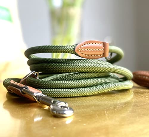 Leisegrün Hundeleine kleine Hunde leicht - Führleine 3m verstellbar mit 2 Karabiner - 3 Meter lang x 0,8 cm - Nur 200 g - Modell Devon - Olivgrün