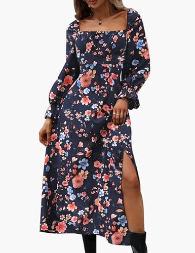 Image of Relipop Women's Long Sleeve Dress Fall Fashion Casual Square Neck Boho Floral Print Split Thigh A Line Party Date Night Maxi Dresses (Blue Pink Floral, Large)