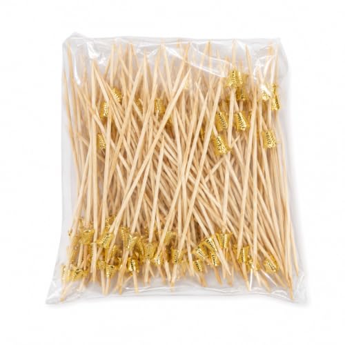 Image of Somani Decorative Bamboo Cocktail Picks Gold Bell | Filigree Crown Topper Fancy Food Picks for Appetizers, Drinks & Garnish | Cafe, Lounge, Bakery, Catering & Home Entertaining | Pack of 100