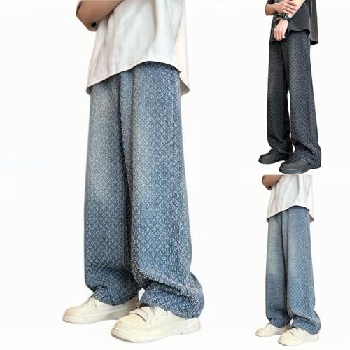 Cambkatl Men's Jacquard Jeans, Loose Straight Leg Casual Drawstring Elastic Waist Vintage Washed Denim Pants2