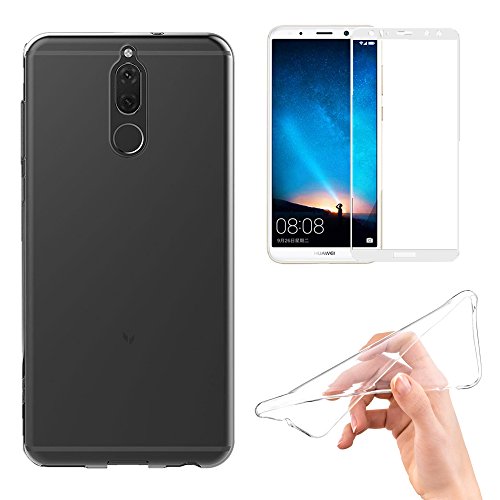 EUGO Funda Huawei Mate 10 lite + Protector de Pantalla, Transparente TPU Gel de Silicona Carcasa Funda para Huawei Mate 10 lite + 2 x 3D Cobertura Completa Vidrio Templado HD Film Protector,Blanco