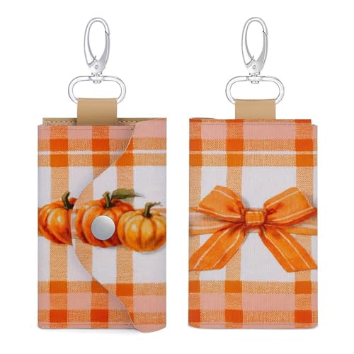Range White Plaid Pattern Pumpkins Ribbon Bow Key Holder Bag PU Leather ID Card Holder Keychains Case Cover for Men Women3