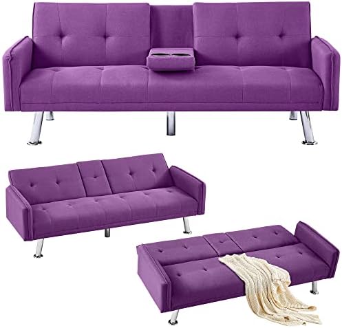 Lamerge Futon Sofa Bed,Convertible Upholstered Folding Sofa,Multi-Functional Sofa Couch for Compact Small Space,Apartment,Dorm,2 Cup Holders,72.4",Purple