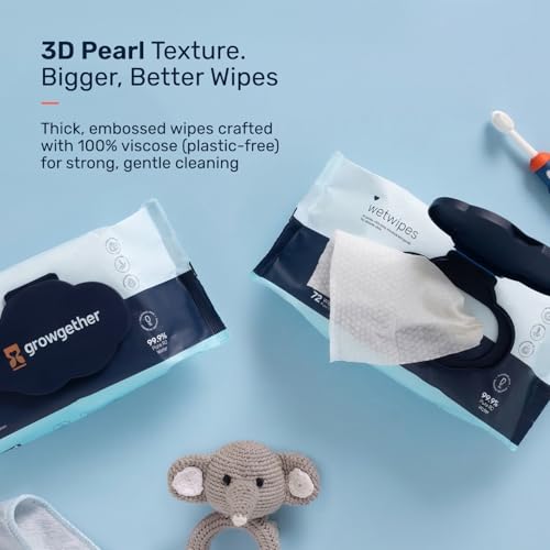 Image of Growgether Baby Wet Wipes | 72 Wipes (Pack of 4) | 99.9% Pure RO Water Based & Dermatologically Tested | Alcohol & Plastic Free | No Added Synthetic Fragrance | Extra Thick Embossed | Ideal for Sensitive Skin