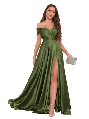 Image of JKMMYO Satin Bridesmaid Dresses for Women Off The Shoulder Pleated Long Formal Evening Dress