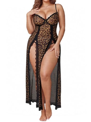 Image of Alrovetoney Plus Size Lingerie For Women Babydoll Sexy Mesh Maxi Nightdress Exotic Sleepwear Side Slits