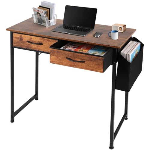 GCCSJ 31.5 Inch Small Computer Desk with 2 Fabric Drawers, Home Office Desk with Fabric Storage Organizer & Headphone Hook, Writing Study Table for Bedroom, Adjustable Feet, Brown