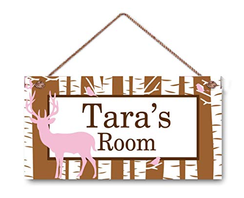 Personalized Name's Girl's Bedroom Personalized Door Sign Deer Silhouette Birch Trees Wood Plaque Hanging Wall Art Decor Gift