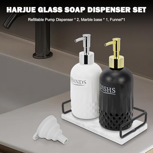 Image of Glass Soap Dispenser Set, Refillable Dish Soap Pump Dispenser, Kitchen Bathroom Counter Shampoo Conditioner Dispenser (with Marble Tray)