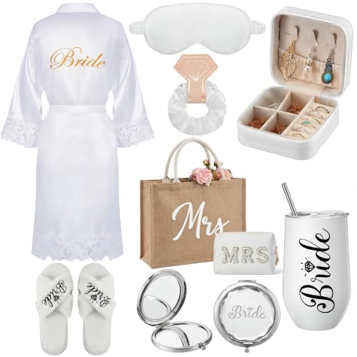 Image of JaGely 9 Pcs Bride to Be Gifts Set Bridal Shower Bachelorette Wedding Gifts with Robe Slippers Tumbler Tote Bag & Bridal Kit
