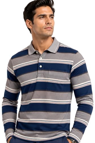 Image of SANE ORIGINALS Full Sleeves Polo T-Shirt for Men with Pocket || Stripe Collar and Pocket T-Shirt for Men Long Sleeves