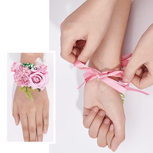 CRASPIRE 2PCS Wedding Wrist Flower Pink Artificial Floral Wrist Corsage Bridal Rose Leaf Silk Ribbon Hand Flowers for Bride and Bridesmaid Festival Prom Engagement Ceremony - Image 3